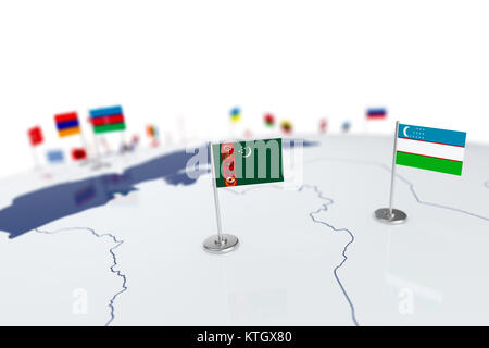 Turkmenistan Flagge. Landesflagge mit Chrom Fahnenmast auf der Weltkarte mit Nachbarn Länder grenzen. 3D-Illustration rendering Flagge Stockfoto