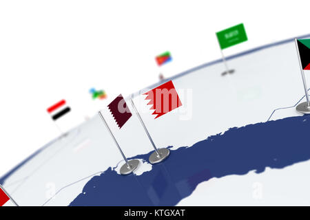 Bahrain Fahne. Landesflagge mit Chrom Fahnenmast auf der Weltkarte mit Nachbarn Länder grenzen. 3D-Illustration Rendering Stockfoto