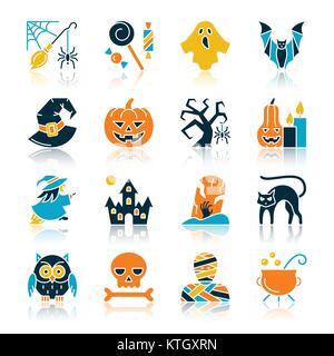 Halloween Farbe Silhouette mit Reflexion Icon Set. Bunte flache Design Vector illustration symbol Collection. Einfache grafische Piktogramm pack. Web, p Stock Vektor