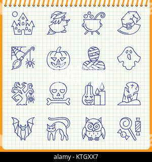 Halloween online Icon Set. Handschriftliche pen Wirkung auf karierten Blatt hintergrund. Flat Style Vector Illustration. Konzept für Web, Infografik, Drucken, Ca Stock Vektor