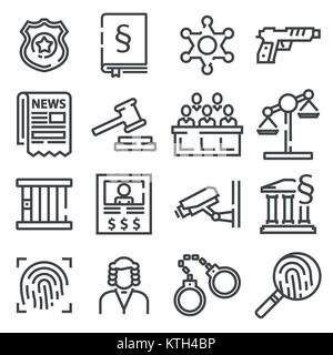 Recht und Gerechtigkeit Symbol gesetzt. Schwarze und weiße flache Linie Zeichen. Stock Vektor