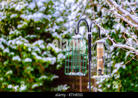 Zwei Futterhäuschen im Garten im Winter hängen. Stockfoto