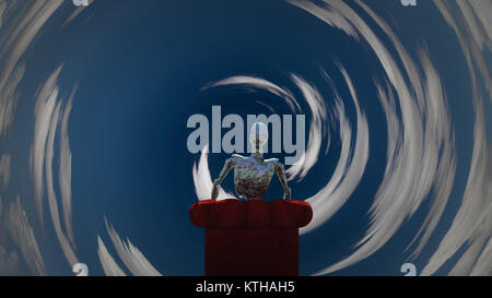 Surreale Szene. Verrostete alien Roboter sitzt in roten Sessel vor dem Tunnel von Wolken. 3D-Rendering Stockfoto