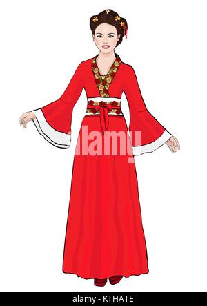 Mädchen in der chinesischen Tracht steht vorne, Vektor Zeichnung cartoon Portrait. Asiatische Frau in voller Länge in einem roten Hanfu, in einem traditionellen Kleid mit floralen Ornament, auf weißem Hintergrund Stock Vektor