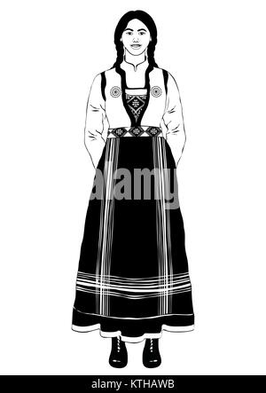 Mädchen in der Italienischen Nationalen Kostüm ständigen Vorderseite, Vektor Kontur Portrait, schwarze und weiße Kontur zeichnen, ausmalen. Frau in voller Länge mit Zöpfen, in einem alten traditionellen langen Kleid, isoliert Stock Vektor