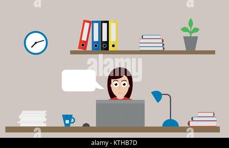 Vector Illustration von Office mit Uhr, Ordner und Blume auf Regal und Frau sitzt am Schreibtisch mit Laptop, Maus, Kaffee und Lampe Stock Vektor