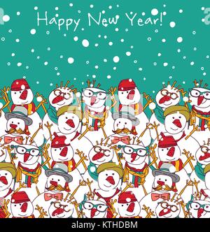 Neues Jahr und Sky Schneemänner Grußkarte. Stock Vektor