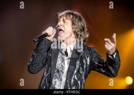 Die Rolling Stones, Die legendäre englische Band, führt ein Live Konzert in der Telenor Arena in Oslo. Hier Sänger und Songwriter Mick Jagger ist live auf der Bühne gesehen. Norwegen, 26.05.2014. Stockfoto