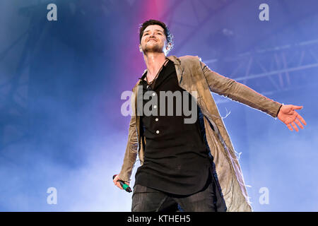 Die irische Popband die Script führt ein Live Konzert in der norwegischen Musik Festival Hovefestivalen 2013. Hier Sänger und Musiker Danny O'Donoghue ist live auf der Bühne gesehen. Norwegen, 03/07 2013. Stockfoto