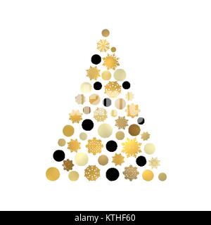 Stilisierte Weihnachtsbaum auf weißem Hintergrund mit Gold und schwarze Kreise und Schneeflocken isoliert. Stilvolle Weihnachtskarte mit goldenen Kugeln. Seasons greetings Vektor Karte. Font Illustration. Stock Vektor