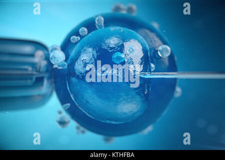 3D-Darstellung der künstlichen Besamung, Befruchtung, Injektion von Spermien in die Eizelle. Die Behandlung der assistierten Reproduktion. Stockfoto