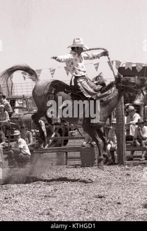 KINGAROY AUSTRALIEN, circa 1980: Unbekannter Teilnehmer reitet ein Ruckeln bronco während einer kleinen Stadt Rodeo, circa 1980 in Kingaroy Australien Stockfoto