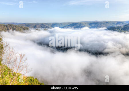 Berge und Dunst, Nebel Wolken am Morgen schweben über Wald Bäume, Abdecken, bedeckt Tal in Grandview übersehen, West Virginia Stockfoto