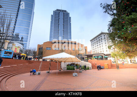 Portland, USA - Dec 19, 2017: Blick auf Pioneer Courthouse Square Stockfoto