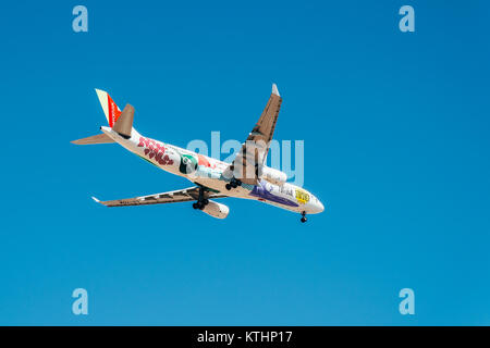 Lissabon, Portugal - 14 AUGUST, 2017: TAP Air Portugal Verkehrsflugzeug von Humberto Delgado Flughafen in Lissabon. Stockfoto