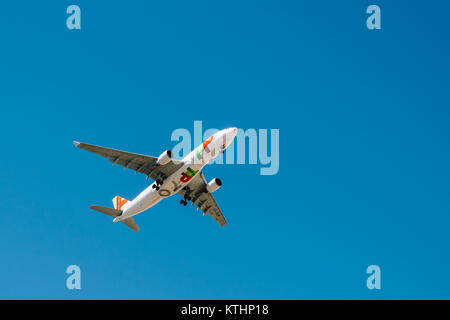 Lissabon, Portugal - 14 AUGUST, 2017: TAP Air Portugal Verkehrsflugzeug von Humberto Delgado Flughafen in Lissabon. Stockfoto