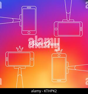Selfie Queen: Smartphone und Selfie Stick Line Kunst Symbole mit einer kleinen Krone Stock Vektor