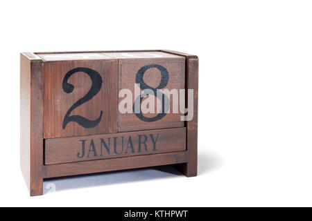 Holz- Perpetual Calendar 28. Januar festgelegt Stockfoto