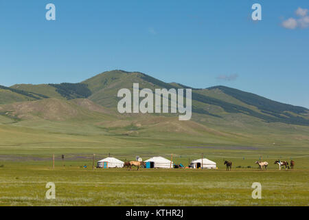 Typisches Mongolisches Ger Jurte oder tnets genannt (aus dem Russischen) in der Steppe. Norden der Mongolei clos zu Bulgan Stadt. Stockfoto