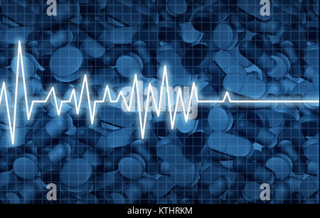 Opioid Tod Krise und Verordnungschmerzstillendes sucht Epidemie Konzept wie ein EKG oder EKG-Monitor leben Flatline über Pillen als medizinische Süchtigen. Stockfoto