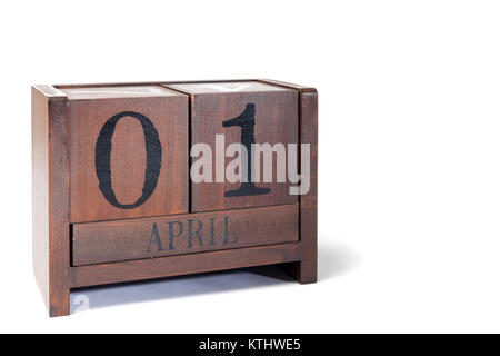 Holz- Ewiger Kalender auf den 1. April, April Fools Day Stockfoto