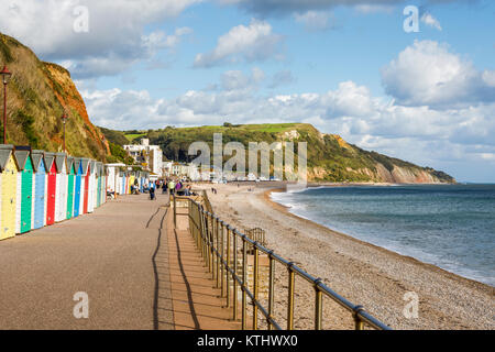 Bunten badekabinen unter den Klippen entlang der Strandpromenade in Seaton, Devon, in der Jurassic Coast, Weltkulturerbe, im Südwesten von England, Großbritannien Stockfoto