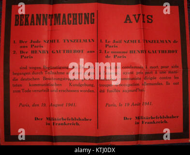 Dieser Titel bezieht sich auf die Hinrichtung von Avis Tyszelman und Gautherot im Jahr 1941. Er hebt ein bedeutendes historisches Ereignis während des Zweiten Weltkriegs hervor, das wahrscheinlich mit der Besetzung Europas oder damit zusammenhängenden militärischen oder politischen Aktionen der damaligen Zeit zusammenhängt. Der Kontext und das spezifische Ereignis sollten zum besseren Verständnis erforscht werden. Stockfoto