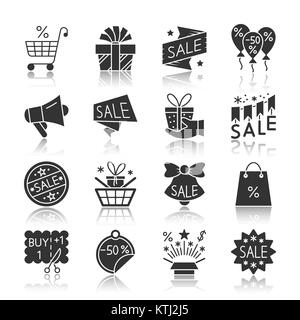 Saison Verkauf schwarze Silhouette mit Reflexion Icon Set. Abstand monochrome flache Design symbol Collection. Einfache grafische Piktogramm pack. Web, Etikett, Stock Vektor