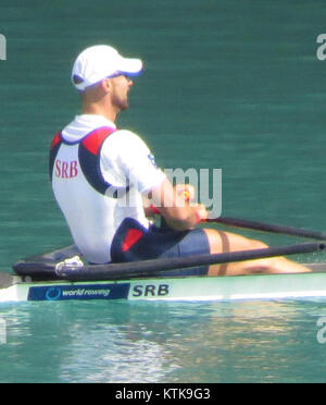 Dieses zugeschnittene Bild der Aviron-Weltmeisterschaft 2015 zeigt ein Ruderevent, das die Athletik und die Wettkämpfe des internationalen Ruderns einfängt. Stockfoto