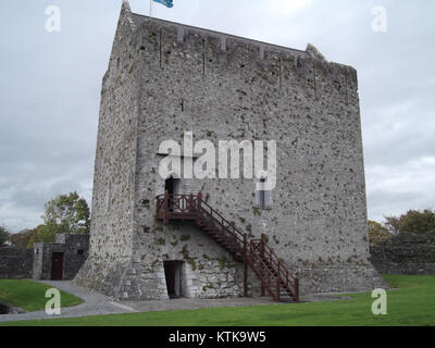 Athenry Castle in County Galway, Irland, ist eine mittelalterliche Festung, die für ihre Erhaltung und historische Bedeutung bekannt ist. Dieses Foto zeigt die Seitenansicht der Burg und zeigt ihre architektonischen Merkmale. Stockfoto