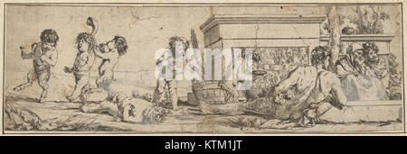 Dieses Kunstwerk zeigt eine bacchanale Szene mit Satyren und Putten, die klassische Mythologie zeigt. Die Komposition zeigt Figuren in einer dynamischen Anordnung, die griechische und römische mythologische Themen betont. Stockfoto