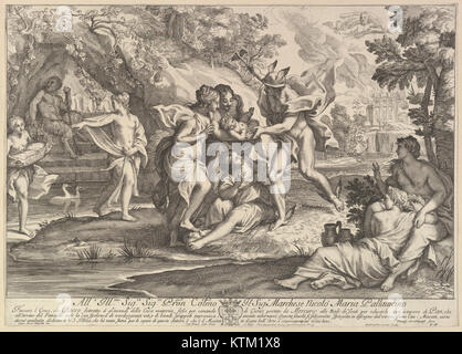 Dieser Kupferstich von Andrea Procaccini, nach Carlo Maratti, zeigt den Quecksilber, der das Kind Bacchus den Nymphen von Nysa anvertraut. Das Bildmaterial misst 14 x 17 3/16 Zoll. Stockfoto