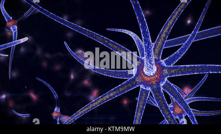 Eine beeindruckende 3D-Rendering von Octopus suchen Strukturen einer blauen Farbe, durch die roten Neuron Signal Verschieben in andere Richtung. Die Strukturen einer Stockfoto