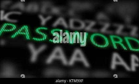 Eine beeindruckende 3D-Abbildung eines geheimen Code auf einem Laptop Bildschirm eines grünen Farbe unter grauen Buchstaben, Zahlen und Inschriften. Der schwarze Hintergrund Stockfoto