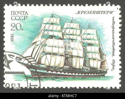 Udssr - Stempel 1981: Color Edition auf Pädagogische segeln Flotte der UDSSR, zeigt vier Mast Bark Krusenstern Stockfoto