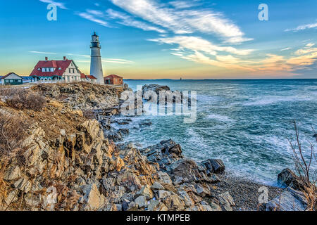 Portland Head Light, Leuchtturm in Fort Williams Park in den frühen Morgenstunden Stockfoto