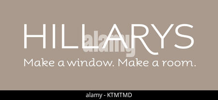 Das Hillarys Jalousien Logo repräsentiert ein Unternehmen, das auf Fensterläden und Fensterläden spezialisiert ist. Das Unternehmen bietet eine Reihe von Produkten für den privaten und gewerblichen Gebrauch an, die sich auf hochwertige und stilvolle Fensterverkleidungen konzentrieren. Stockfoto