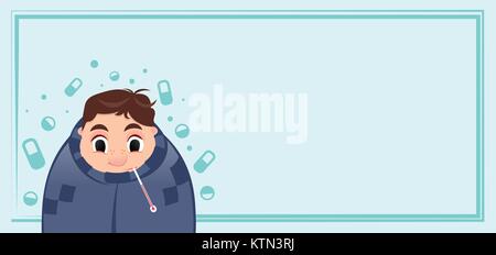 Junge Mann in einem kalten, holding Thermometer im Mund im Winter Grippe-saison, Cartoon Stil Vector Illustration Stock Vektor