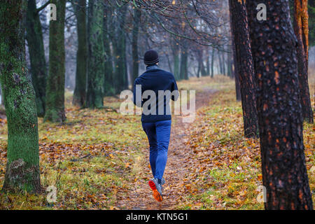 Junger Mann Joggen im Herbst Park. Trail Running in kalten und nebligen Wetter Stockfoto