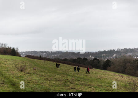 Greater London, UK. 26 Dez, 2017. UK Wetter. Bedeckt mit schweren Duschen am zweiten Weihnachtstag, als die Leute machen die Weihnachten Abendessen auf Farthing Downs entfernt, im Süden Londoner Stadtteil Croydon, nahe der nördlichen Spitze der North Downs. Es wird erwartet, dass die Temperaturen in der Nacht abzusinken, mit starken Winden und Hill Schnee am Morgen erwartet. Credit: Francesca Moore/Alamy leben Nachrichten Stockfoto