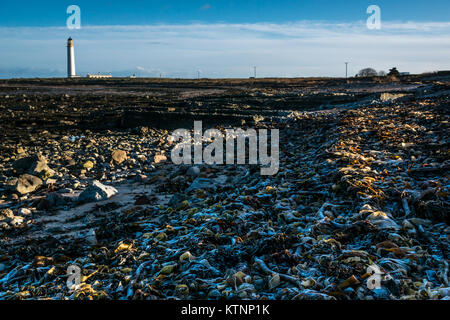 John Muir, Dunbar, East Lothian, Schottland, Großbritannien. 27 Dez, 2017. Einen schönen klaren blauen Himmel bei Scheunen Ness Leuchtturm, ein deaktivierter Stevenson Leuchtturm. Die Algen am Ufer ist mit Reif bedeckt Stockfoto