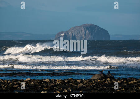 John Muir, Dunbar, East Lothian, Schottland, Großbritannien. 27 Dez, 2017. Einen schönen blauen Himmel an einem kalten Tag im Whitesands Bay Beach mit großen Wellen und Wind Sea Spray, und einen Blick auf Bass Rock, Heimat der größten Northern gannet Kolonie Stockfoto