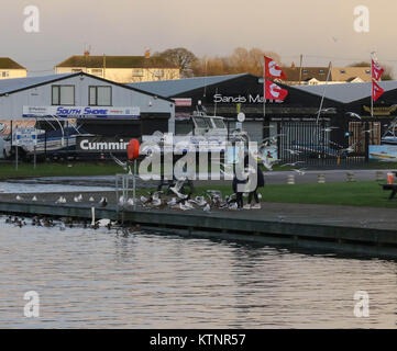 Lough Neagh County Armagh Northern, Irland. 27 Dez, 2017. UK Wetter - es gab zwar Sonnenschein für den Großteil des Tages ein nordwestlicher Wind winterlich kalt Duschen über Nordirland gebracht. Eine Frau und Kind füttern Sie die Vögel an Kinnego Marina auf dem Lough Neagh. Quelle: David Hunter/Alamy leben Nachrichten Stockfoto