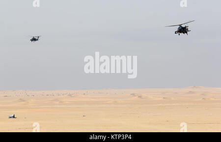 Zwei AH-64 Apaches durch die 4-227 th Angriff Reconnaissance Bataillon betrieben, 1.Kavallerie Division, jetzt unter dem 42Th Combat Aviation Brigade, richten Sie einen Angriff ausführen, während ein gemeinsames Leben Feuer Partnerschaft zwischen der U.S. Army, der US Air Force und Kuwait Air Force irgendwo im Südwesten Asien am Dez. 18, 2013. Der 42 CAB, New York Army National Guard, der vor kurzem in Kuwait eingetroffen und hat das Kommando über Army Aviation Assets in der Region als Teil der Operation Enduring Freedom angenommen. (U.S. Armee Foto von SPC. Harley Jelis/Freigegeben) Stockfoto