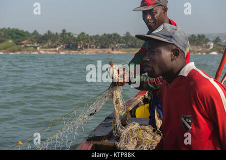 Die Fischer in ihren offenen Boot angeln in den frühen Morgen. Sie Schaufel von Netz zu Netz Ihre verfangen, Kokrobite, Greater Accra Region, Ghana zu holen Stockfoto