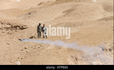 Flieger von Firma C, 1st Battalion, 214Th Air Ambulance, 42th Combat Aviation Brigade (CAB), führen Sie einen Personal recovery Mission in ihren UH-60 Black Hawk mit einem kuwaitischen Air Force SA330 Puma Helikopter, die am 19. Juni 2014, in Kuwait. 42 CAB und kuwaitische Kräfte führen regelmäßig Joint Aviation Partnerschaften ihre Fähigkeit, auf Notfälle zu reagieren, zu verbessern. Der 42 CAB, New York Army National Guard, ist nach Kuwait zur Unterstützung der Operation Enduring Freedom eingesetzt. (N.Y. Army National Guard Foto von Sgt. Harley Jelis/Freigegeben) Stockfoto