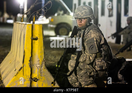 Spc. Tessa Marino (Mitte) ein Spezialist mit HHC, 42th Combat Aviation Brigade, bietet overwatch während des Angriffs ihrer Gruppe auf einer fiktiven Stadt für einen Krieger Leadership Kurs (WLC) Mission in der Nacht von 10. Juli im Camp Buehring, Kuwait 2014. Die Studenten der U.S. Army Central Command WLC geplant und LED-Missionen versus Mock gegensätzliche Kräfte über mehrere Schulungen lanes für zwei Nächte, um ihre Führung Prüfung und taktische Fähigkeiten am Ende der drei Wochen des Kurses. (N.Y. Army National Guard Foto von Sgt. Harley Jelis/Freigegeben) Stockfoto