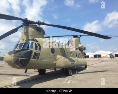 HUNTER ARMEE AIRFLIED, Savannah, Georgia - EIN CH-47 Chinook Hubschrauber F-Modell sitzt auf dem Asphalt hier am Okt. 20, 2014. Das neueste Modell der Schlacht - Heavy lift Hubschrauber getestet wird bald der New York Army National Guard Rochester-basierte Ablösen 1 Unternehmen B 3 Bataillon 126 Aviation ausstatten. Der neue Helikopter enthält viele Änderungen, die von einer neuen Lackierung, die entworfen ist, um es schwieriger zu zielen, um eine alle digitalen "Glass Cockpit", zu einem missile Warning System und eine neue Rampe. (U.S. Army National Guard Foto vom Kapitän Brendan Flansburg/Freigegeben) Stockfoto