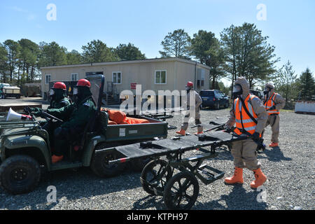 LAKEHURST, New Jersey - LAKEHURST, New Jersey - New York Army National Guard Soldaten aus Firma A, 427Th Brigade Spezialtruppen Bataillon verhalten Unfallversicherung Suche und Extraktion training April 17 bei Joint Base Mc Guire-Dix - Lakehurst besser vorbereiten für die Suche und Rettung. Die Ingenieure, in Lockport, New York, sind Teil der Nationalgarde Heimat Response Force, unterstützt die Federal Emergency Management Agency Region II Die HRF, mit mehr als 600 Mitarbeitern, führte eine umfassende Übung für eine Reaktion im chemischen, biologischen, radiologischen oder nuklearen Zwischenfall hier April Stockfoto