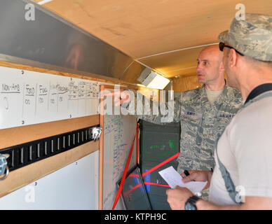 LAKEHURST, New Jersey - Erster Sgt. Senior Master Sgt Dewey und Technischen Sgt. Markieren Rodriguez, Bio-ökologischen aus der 105 Medical Group in Newburgh die Feuchtkugeltemperatur Globus Temperatur und Arbeit rest Zyklen während der Heimat Response Force (HRF) Übung April 18. Bei Joint Base Mc Guire-Dix - Lakehurst diskutieren. Die HRF, mit mehr als 600 Mitarbeitern, führte eine umfassende Übung für eine Reaktion im chemischen, biologischen, radiologischen oder nuklearen Zwischenfall hier April 15-19. Die hrf Züge zum Opfer eines CBRN-Vorfall extrahieren und die Dekontamination und die medizinische Triage in der Unterstützung der Zivilgesellschaft aut bieten Stockfoto